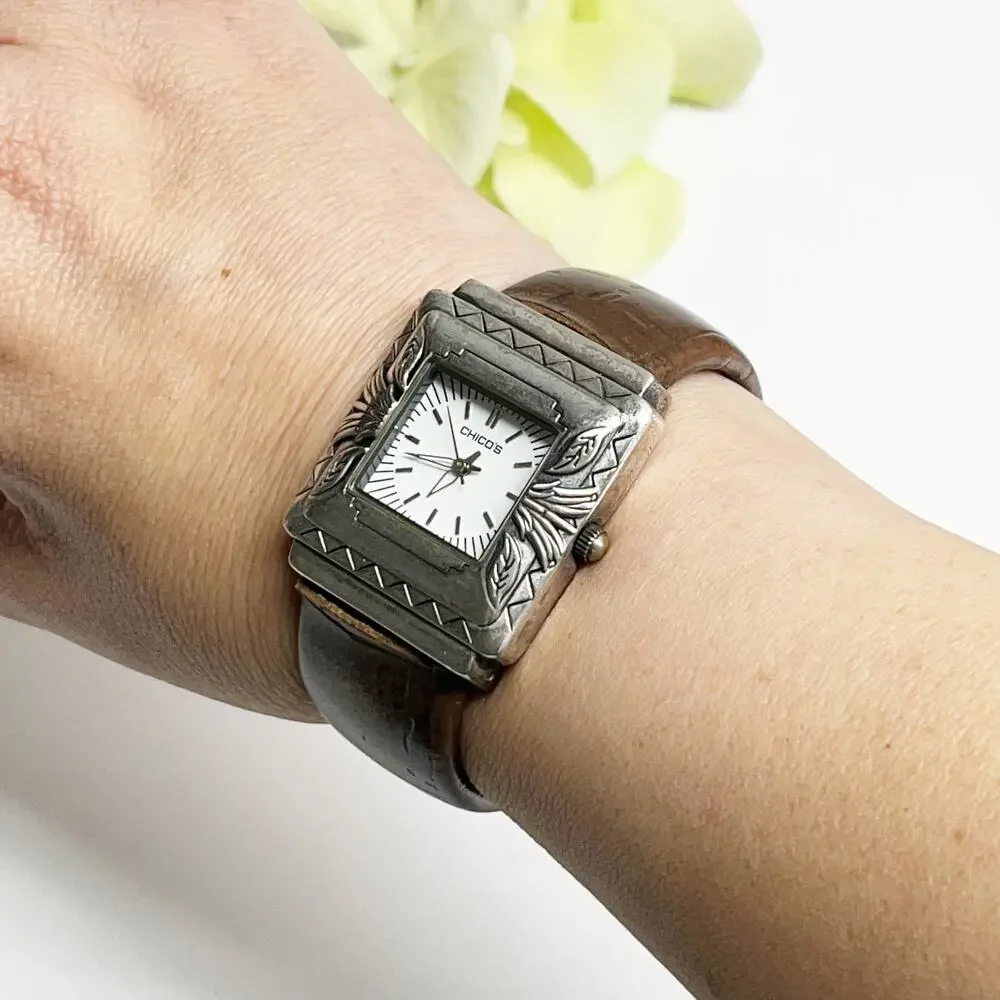Chico's Silver & Brown Leather Etched Hinge Watch